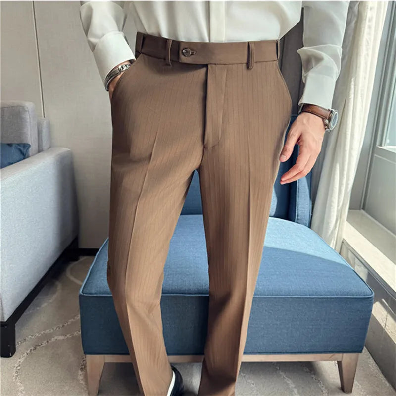 Autumn Winter Elastic Waist Suit Pants Men High Quality Youthful Vitality Smart Casual Suit Trousers Mens Solid Striped Pants