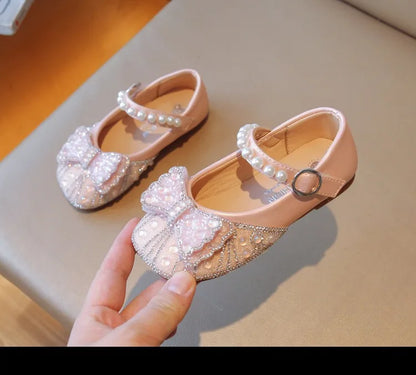 Size 23-34 Silver Bow Cute Princess Flat Shoes for Teenage Girls Casual Low Vamp Student Performance Dance Shoes