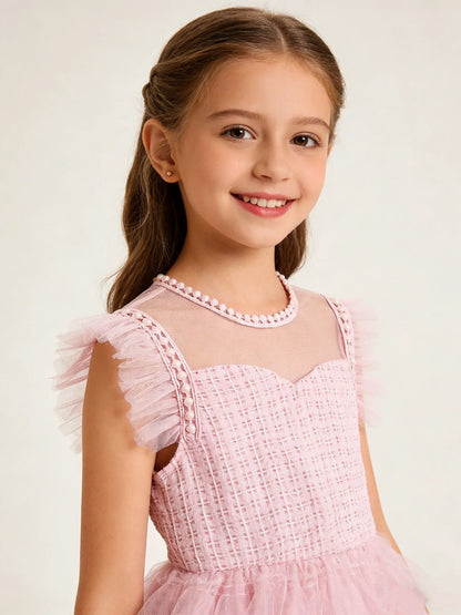 Summer Large And Medium Size Girl's Sleeveless Round-Neck Netting Patchwork Dress Sweet Dreamy Cake Puff Skirt Dress
