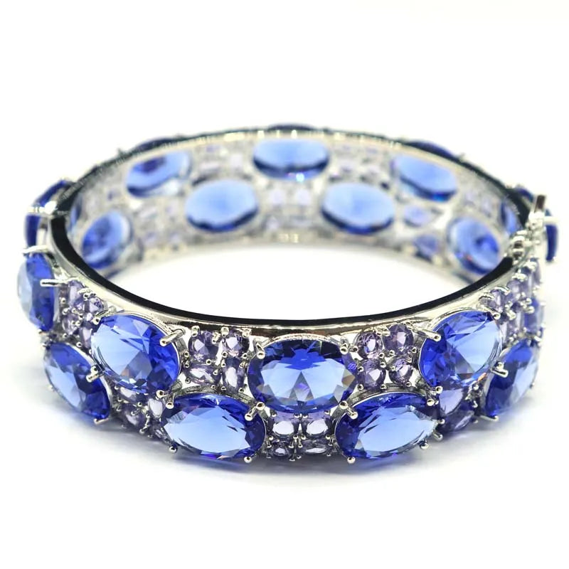 24x20mmEye Catching 51.2g Big Size Pink Kunzite Blue Aquamarine Violet Tanzanite Iolite Silver Bangle Bracelet 7.5inch