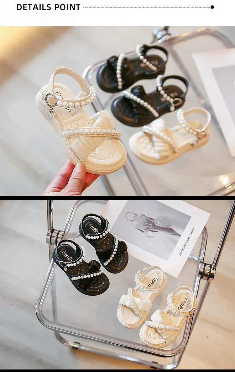 Chic Girls Pearl Flat Sandals 2026 Summer Baby Princess Girls Children Beige Dance Performance Shoes Girl Platform Sandal G05223
