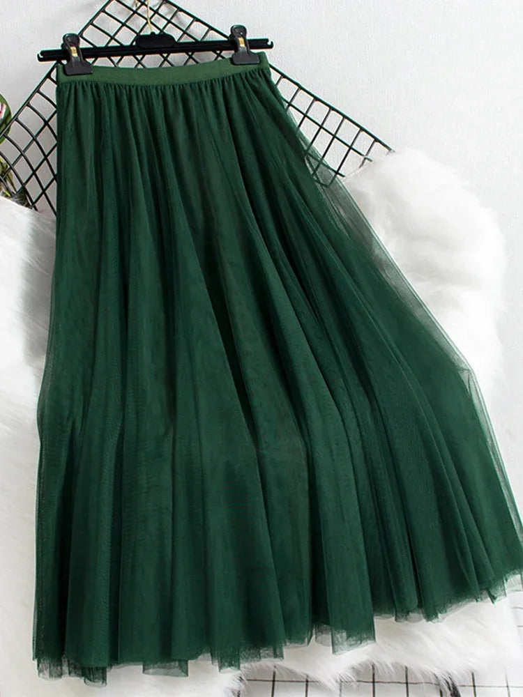 New large hem chiffon long skirt for women's Korean casual simple solid color three-layer A-line high waisted long skirt