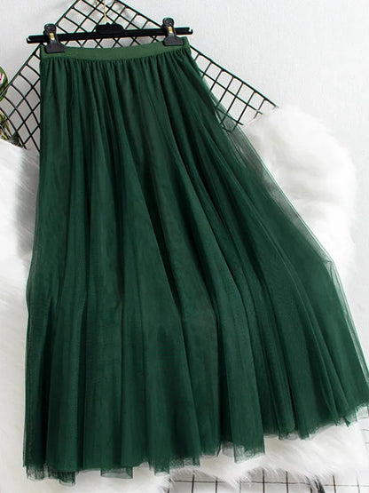 New large hem chiffon long skirt for women's Korean casual simple solid color three-layer A-line high waisted long skirt
