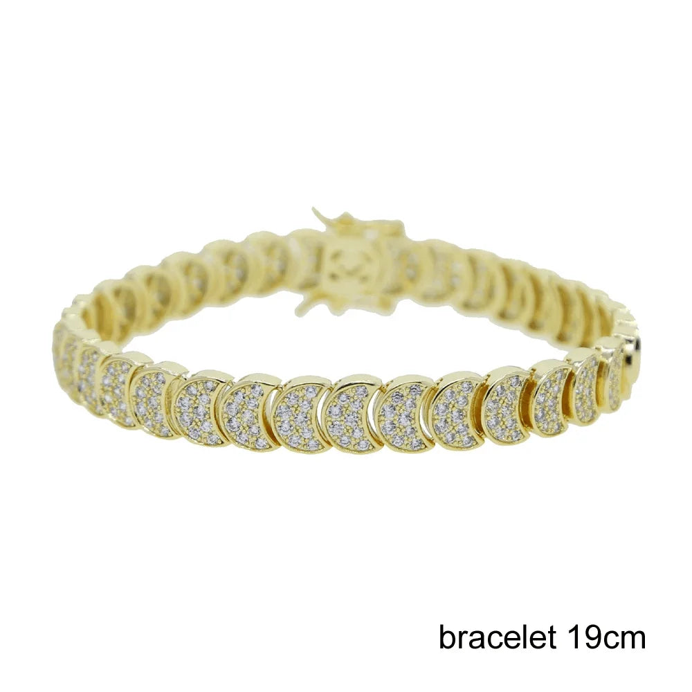Gold Color Fashion Women Jewelry Set Geometric Shiny Plain Paved 5A CZ Moon Shaped Chain Choker Necklace Bracelet