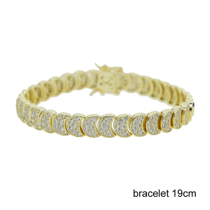 Gold Color Fashion Women Jewelry Set Geometric Shiny Plain Paved 5A CZ Moon Shaped Chain Choker Necklace Bracelet