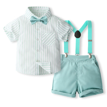 1-5Y Baby Boys Gentleman Outfit Stripe Print Short Sleeve Shirts +Bow Tie + Suspender Shorts Sets Kids Summer Clothes
