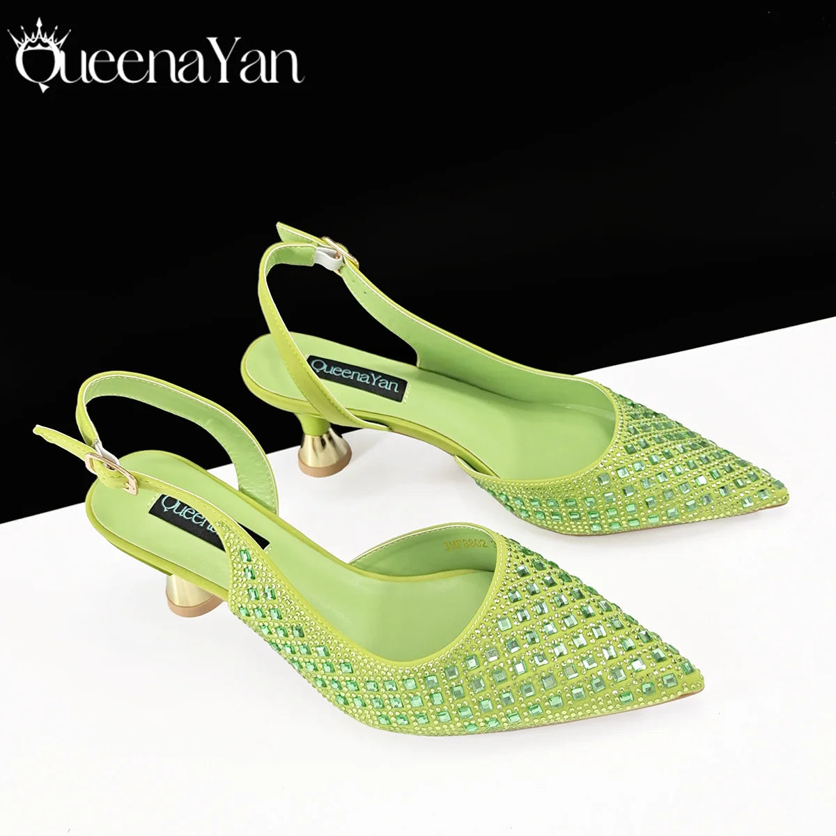 Italian Design Rhinestone Luxury Green Colour Pointed Toe Shoe & Bag Set Women's High Heels for Parties High Quality