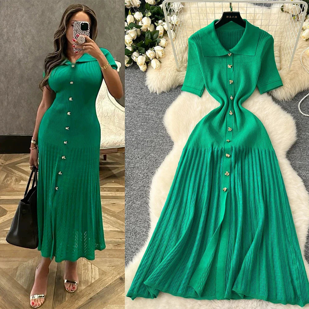 Fashion Elegant Patchwork Knitted Maxi Dress 2025 Summer Lady Turn-down Collar Shirt Sweater Dress Party Vestidos