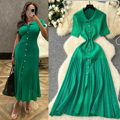 Fashion Elegant Patchwork Knitted Maxi Dress 2025 Summer Lady Turn-down Collar Shirt Sweater Dress Party Vestidos