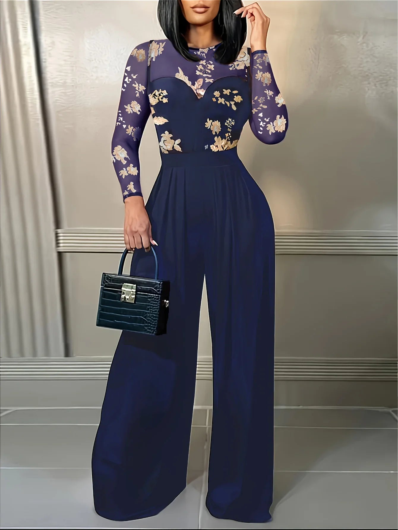 Women's Black Jumpsuit with Sheer Floral Embroidered Top Wide Leg Design Ideal for Evening Galas Cocktail Parties Formal Events