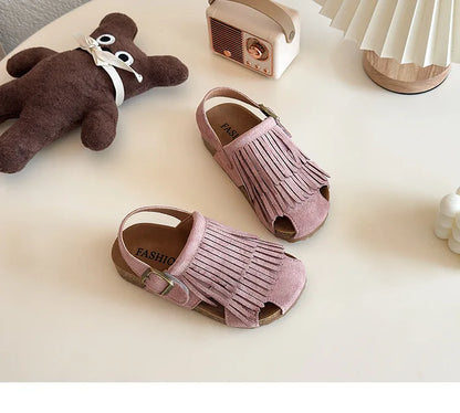 Summer Peep Toe Tassel Children Shoes Girls Sandals Soft Bottom Flat Heel Buckle Girl's Shoes Back Strape Slingbacks Shoe I05285