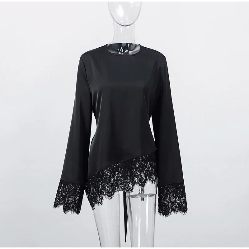 Women's Satin Blouse With Lace Trim Fashion O-neck Long Sleeve Lace Up Waist Irregular Tops 2026 Spring New Chic Lady Streetwear