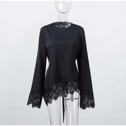 Women's Satin Blouse With Lace Trim Fashion O-neck Long Sleeve Lace Up Waist Irregular Tops 2026 Spring New Chic Lady Streetwear