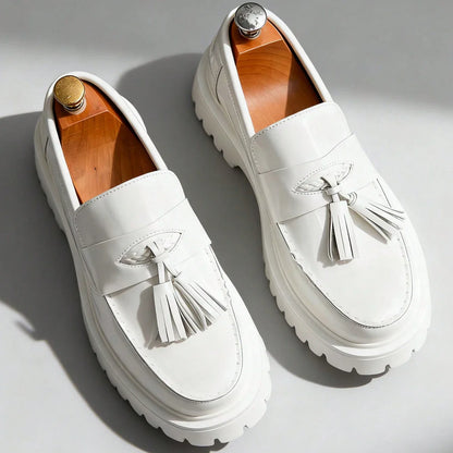Fashion Tassel Thick Sole Leather Men's Shoes Loafers Slip-On Business Dress Shoes For Gentleman Glossy Formal Party White Shoes