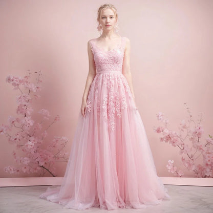 Gorgeous Pearl Pink Evening Dresses Illusion Strap Lace Appliques Square Neck V-Backless Gowns Slim A-Line Maxi Party Prom Dress