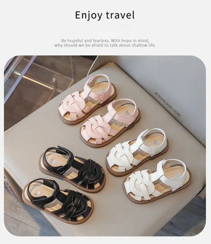 Girls Roman Shoes Children Solid Color Classic Retro Style Student Uniform Shoes Kids Fashion Girl Toes Wrapped Sandals I03284
