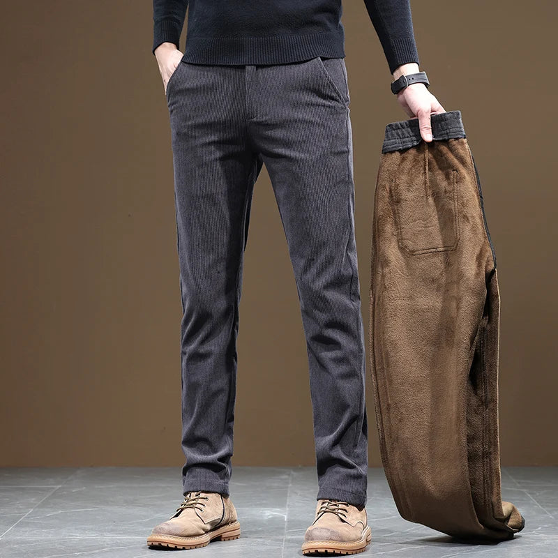 2025 New Winter Fleece Warm Corduroy Pants Men Business Fashion Slim Fit Stretch Thicken Gray Khaki Fluff Casual Trousers Male
