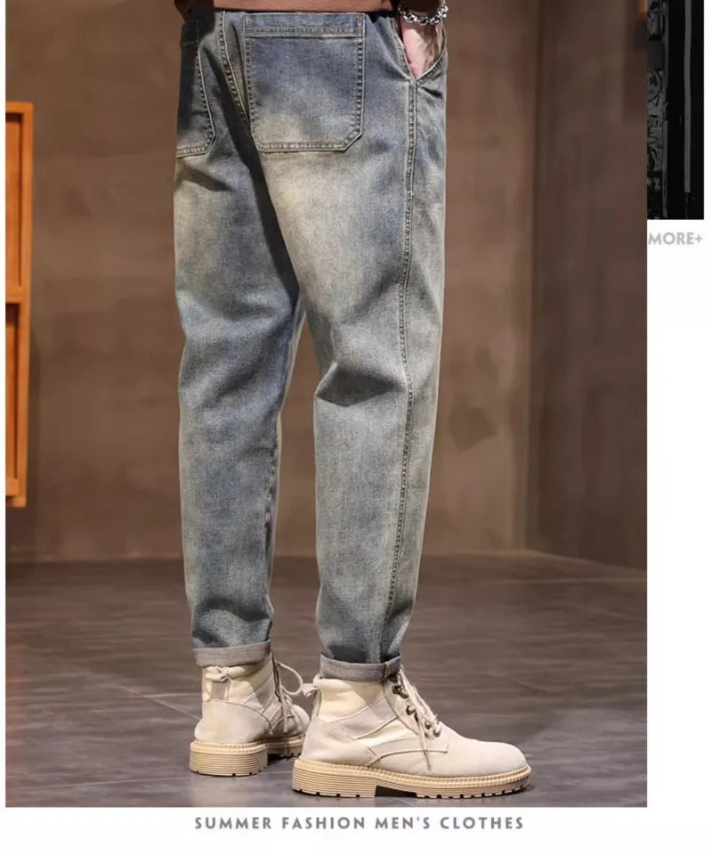 Calça Jeans Masculina Primavera Vintage Elástica Casual Longa Calça Reta Slim Algodão Poliéster Lavada para Adolescentes