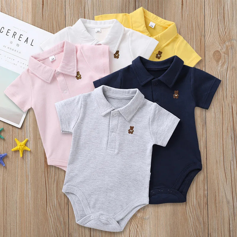 Summer Cotton Newborn Romper  2025 A Class Soft Breathable Polo Collar Easy Dressing Jumpsuit for 0-12 Months Boys Girls
