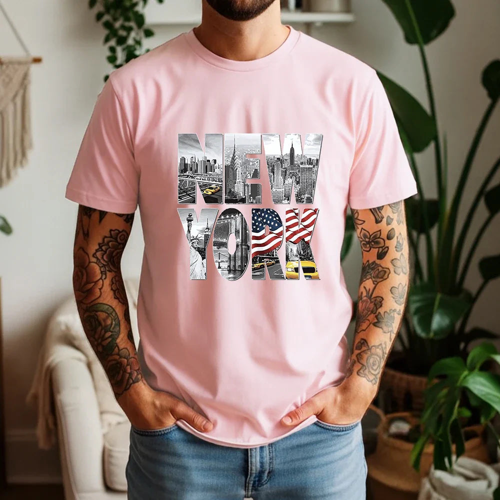 New Summer 100% Cotton T-Shirt New York City Landmark Letter Retro American Street Style Oversized Breathable Short Sleeve
