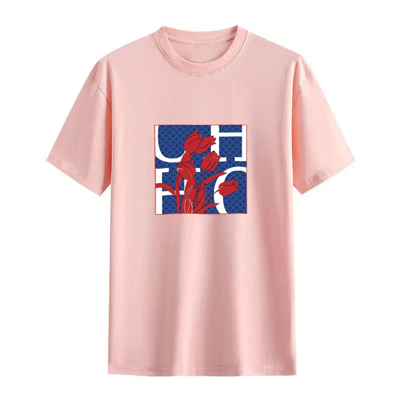 Women's T Shirts Short Sleeve O Neck Casual Flower Design Cotton Female Tops Women Tee Tops