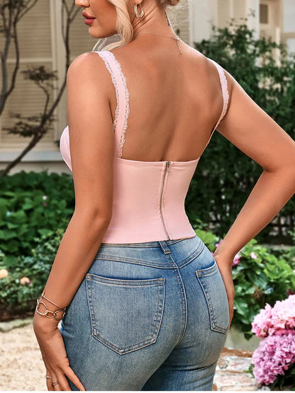 Women's Sleeveless Spaghetti Strap Lace Crop Corset Top Backless Double Layer Fashion Casual Party Cami Bustier Tops
