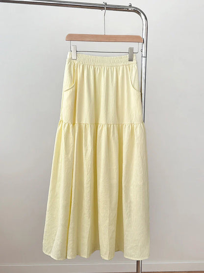 Women's Summer Effortless Chic Midi Skirt - Korean Flowy Big Hem Voluminous Ruffle Cake Skirt