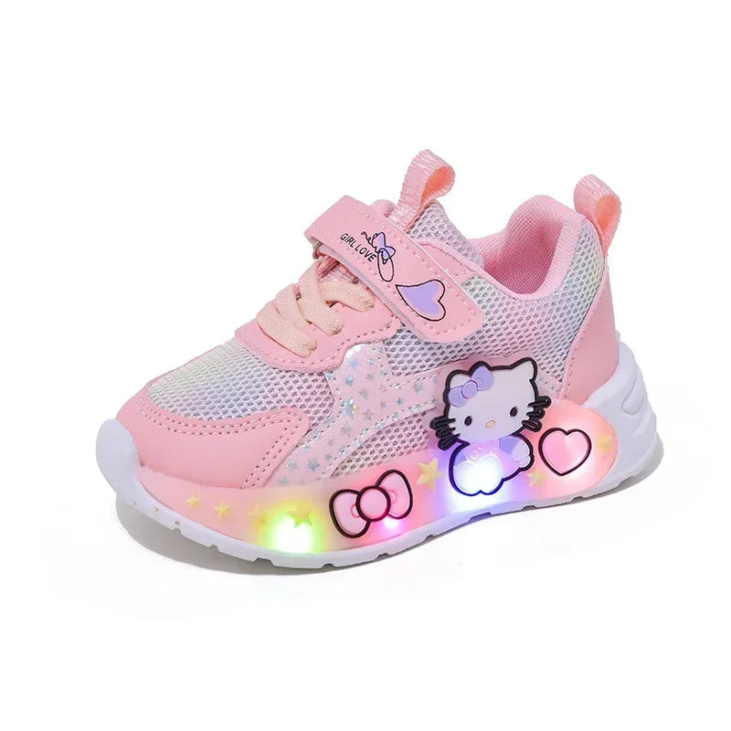 Kids'Casual Shoes Girls Led Light Cartoon PU Leather Fashion Sport Flat Bottom Shoes Breathable White Pink Size 21-30
