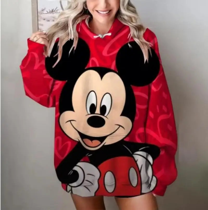 Mickey Mouse Red Hoodie Women 2025 Autumn Oversized Printed Pullover Casual Streetwear Disney Y2K Aesthetic Fashion Comfortable