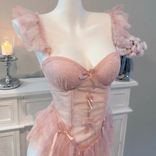 Black Vintage Corset Bustier Top Womens Lace Underbust Ruffles Sexy Lingerie Corset Push Up Bra Ladies Thong G-String Underwear