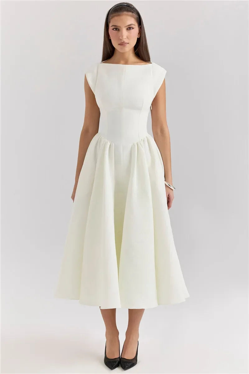Women Circle Cut Out Back Dress Wide Shoulders and Fitted Waist Prom Dress Fluffy Hem Midi Wedding Party Dresses