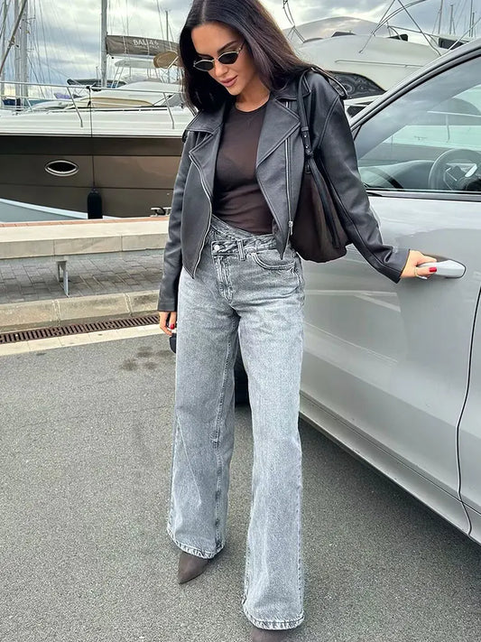 Women Spring Autumn Fashion High Waist Zipper Fly Denim Pants