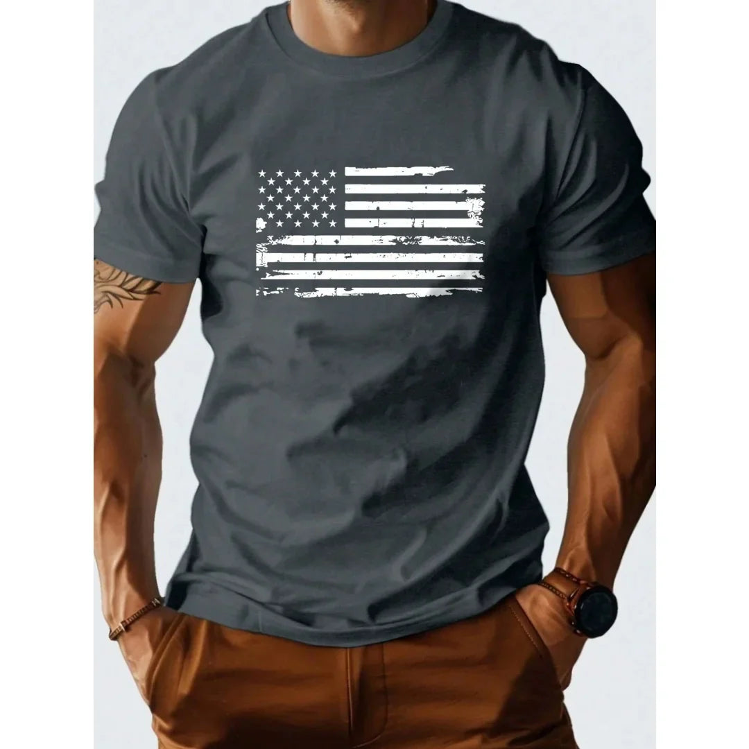 New Summer Men's T-shirt with Distressed American Flag Print Fashion Casual Short Sleeve Top Trendy New Arrival Comfortable Tee