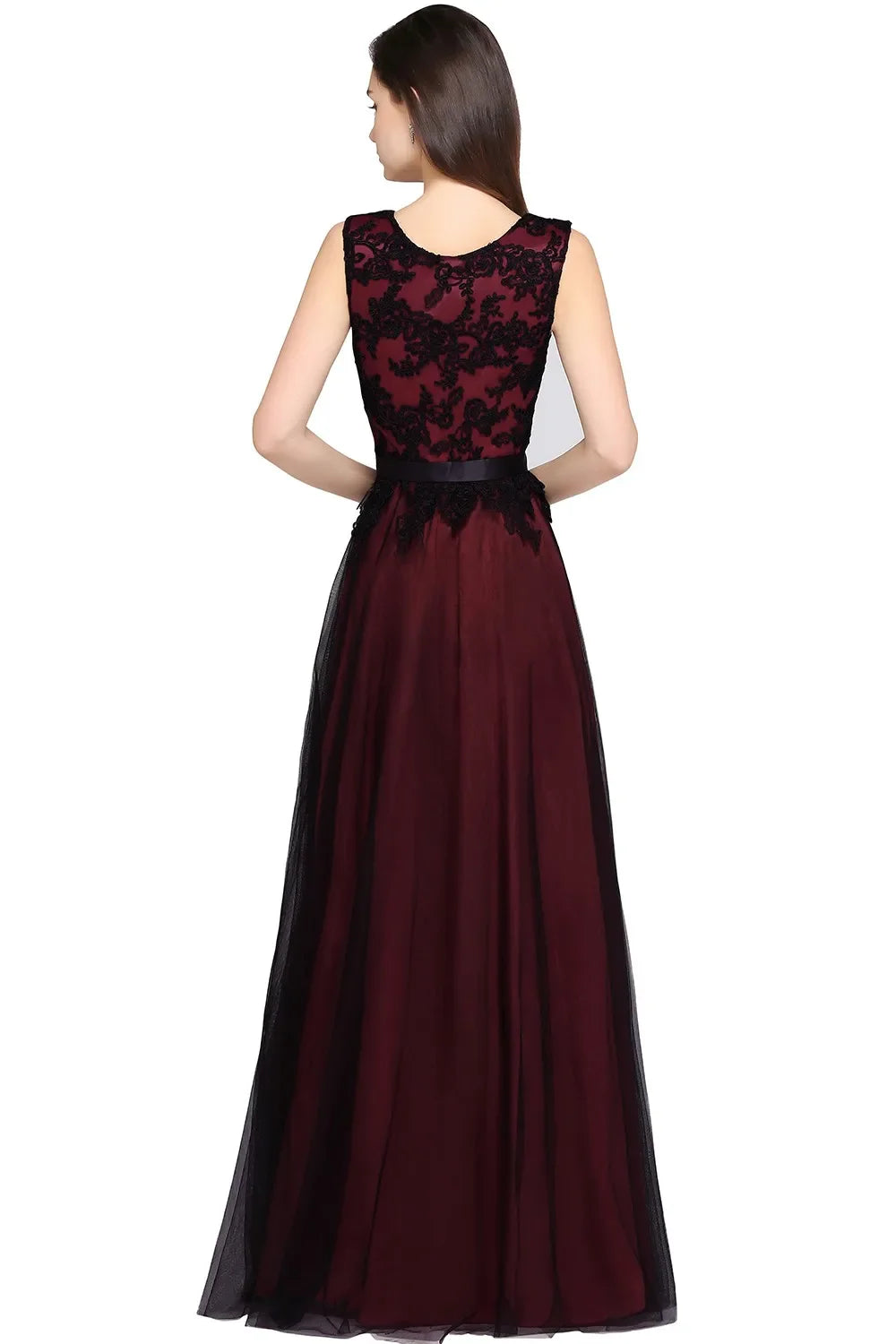 Elegant Black Lace Red Evening Dresses Long Appliques Chiffon With Sashes Pink Green Burgundy Formal Prom Gown Vestido de Fiesta