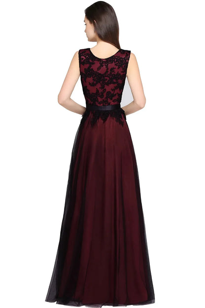 Elegant Black Lace Red Evening Dresses Long Appliques Chiffon With Sashes Pink Green Burgundy Formal Prom Gown Vestido de Fiesta