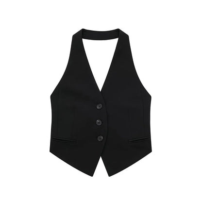 Women Fashion Black Backless Lace Up Waistcoats Vintage Halter Neck Sleeveless Jackets Female Chic Lady Tank Tops