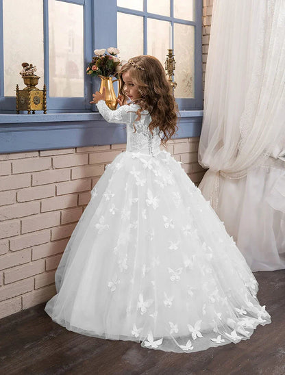 Elegant and lovely butterfly floor mopping flower girl wedding dress, lace long sleeved ball dress