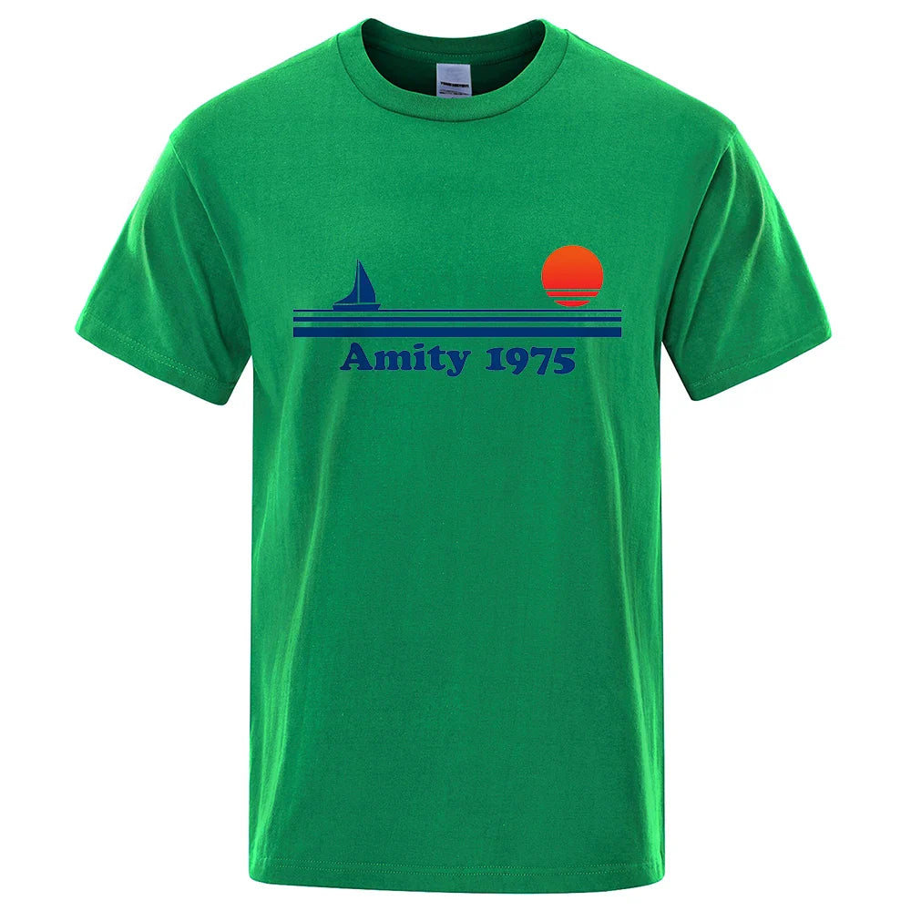 Amity 1975 - Jaws Retro Print Tshirt Men Creativity Sweat Clothing Fashion Tee Clothes T Shirts Breathable Cotton T-Shirts Man