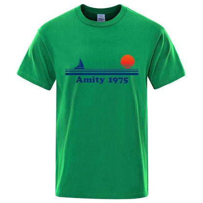 Amity 1975 - Jaws Retro Print Tshirt Men Creativity Sweat Clothing Fashion Tee Clothes T Shirts Breathable Cotton T-Shirts Man