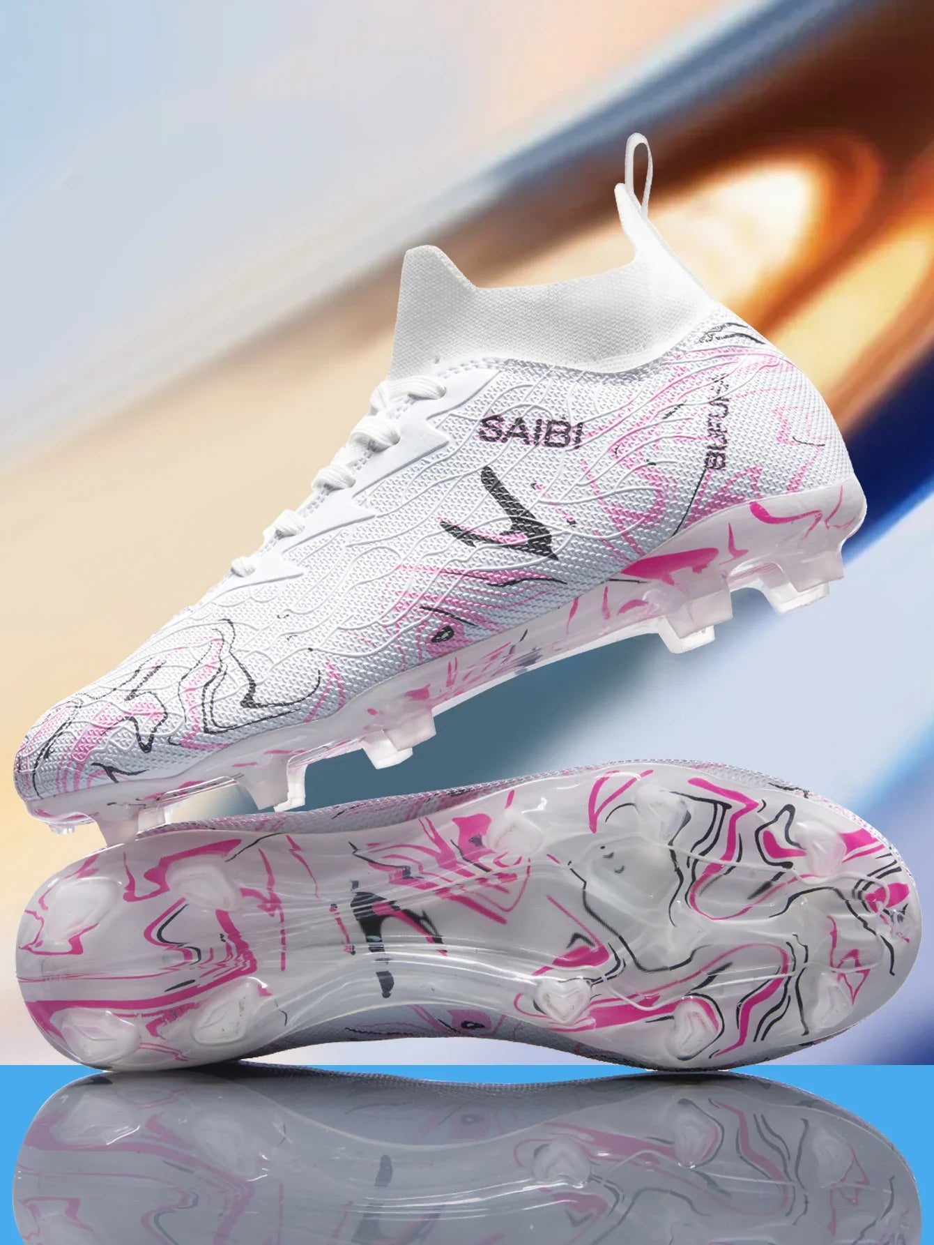 High-top football boots with long FG studs and TF studs,suitable for both men and women,featuring breathable and non-slip design