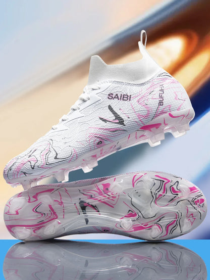 High-top football boots with long FG studs and TF studs,suitable for both men and women,featuring breathable and non-slip design