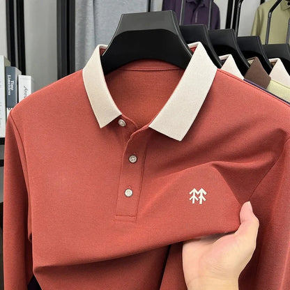 Fashion luxury brand long sleeve polo shirt men's autumn new trend badge embossed design Korean casual silk cotton lapel T-shirt