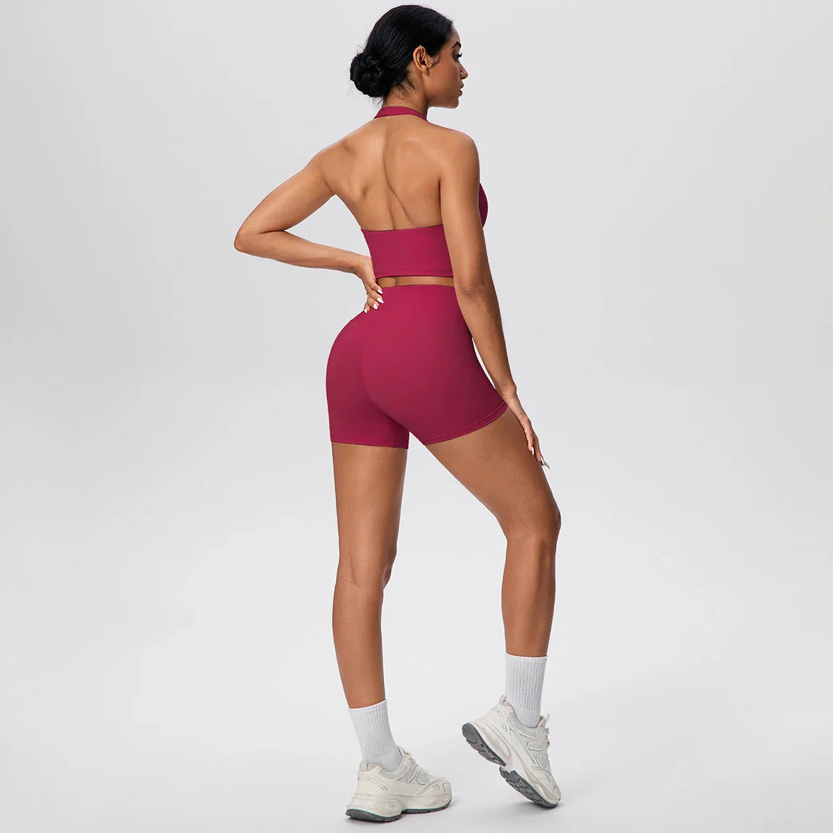 2picese Women Yoga Suit Solid Color High Waist Hip Push Up Fitness Shorts Sexy Pilates Backless Gym Hanging Neck Bra Yoga Set