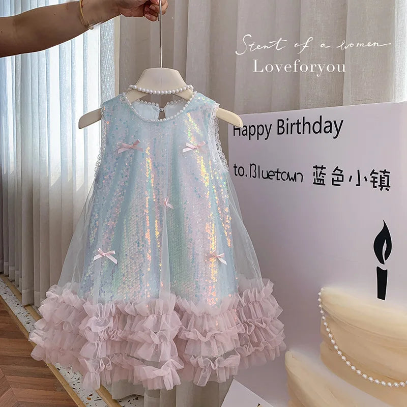 Kids Girls Fairy Princess Dress Sleeveless Bow Sequined Cake Dress Children Puffy Skirt Birthday Party Vest Tulle Dresses