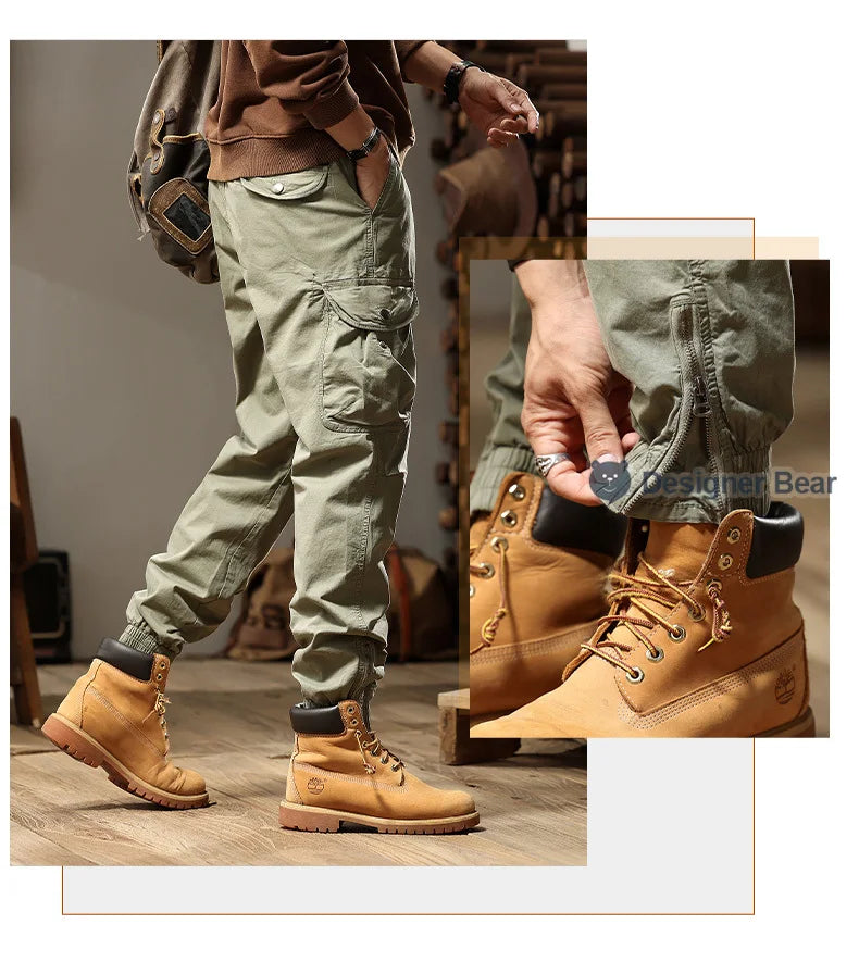 Brand Clothing 2026 Spring Summer Men's Baggy Cargo Pants Multi-Pocket Work Joggers Casual Cotton Tapered Trousers Long Pants