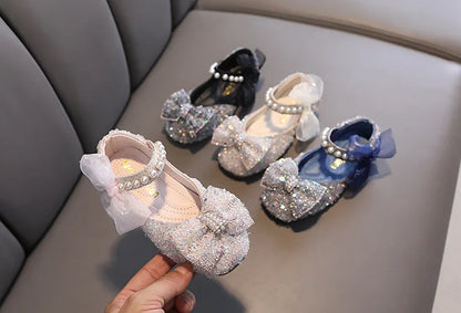 Toddler Girl's Princess Shoes Sequins Lace Bowknot 21-36 Children Mary Janes Three Colors Luxury Trendy Party Kids Shoes Flats