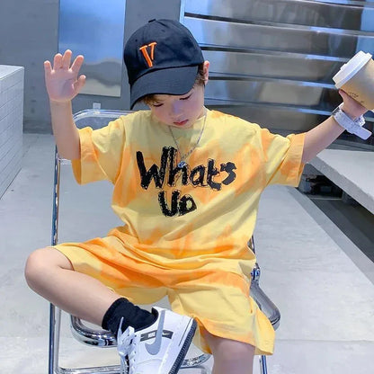2024 New Boy Summer Quick dry Suit Children Streetwear what's up Short Sleeve TShirt + Shorts Two piece Sports Set Loose Outfits