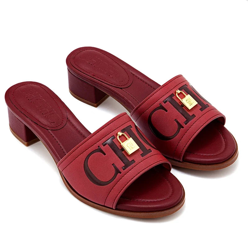 Fashion Monogram Print Elegant Design Women's Low Heeled Slippers Solid Color High Quality Metal Lock Simple Single Shoes