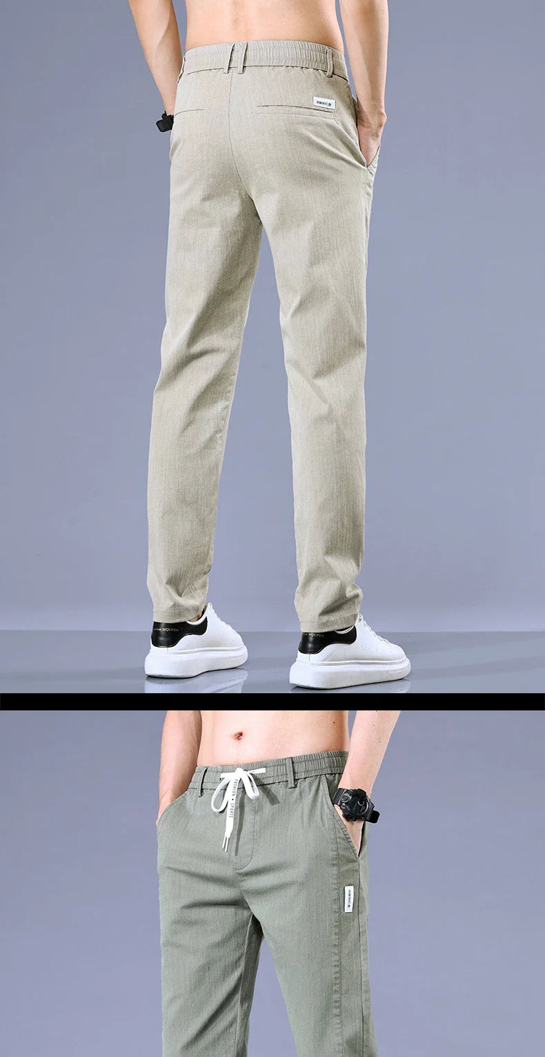Size 28-38 Thin Casual Pants Mens Slim Simple Cotton Stretch Spring Summer Trousers Elastic Waist Drawstring Jogging Sweatpants