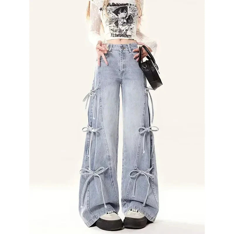 Women Vintage Streetwear Bow Bandage Wide Leg Denim Pants
